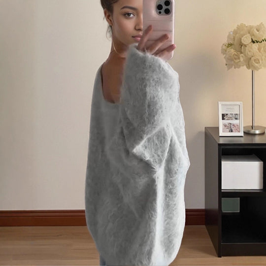 Damen Oversize Mohair-Blend Off-Shoulder Pullover mit Ballonärmeln Nord Taschen