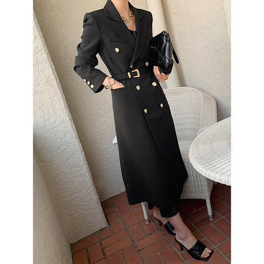 Damen Taillierter Doppelreihiger Longblazer mit Gürtel und Zierknöpfen Nord Taschen