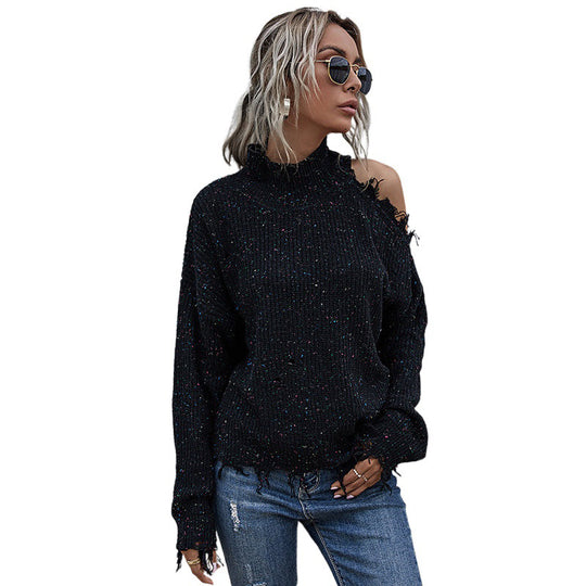 Damen Lässiger Oversized Pullover mit Fransen Nord Taschen