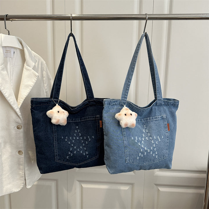 Damen Denim Beuteltasche mit niedlichem Tieranhänger Nord Taschen