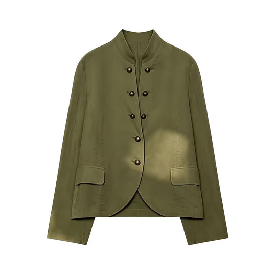 Damen Taillierter Kurzblazer mit Stehkragen, militärischen Zierknöpfen und abgerundetem Saum Nord Taschen