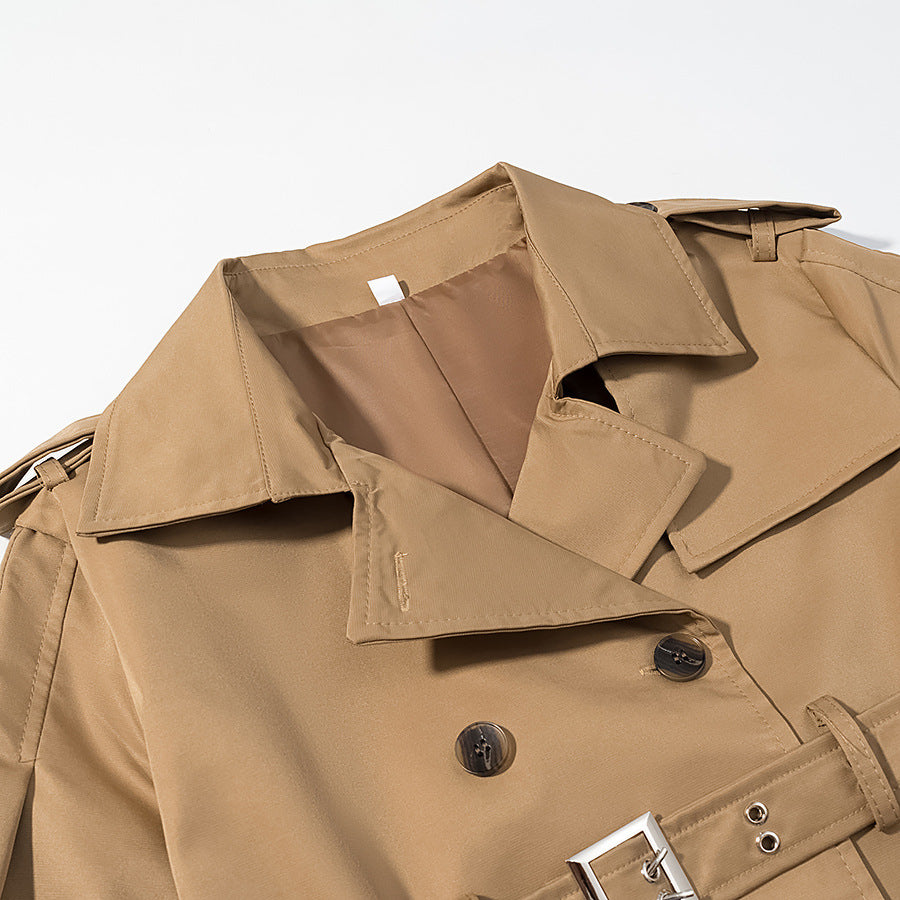 Damen Langer doppelreihiger Trenchcoat mit tailliertem Doppelgürtel, Ballonärmeln und Epauletten Nord Taschen