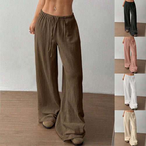 Damen Leichte Leinenoptik-Hose mit weitem Bein, Gummibund und Tunnelzug Nord Taschen