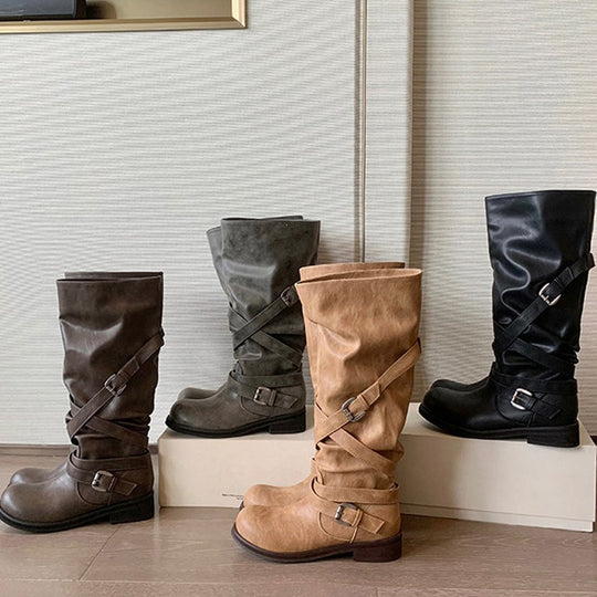 Damen Kniehohe Biker-Stiefel in Leder-Optik mit verstellbaren Schnallen Nord Taschen