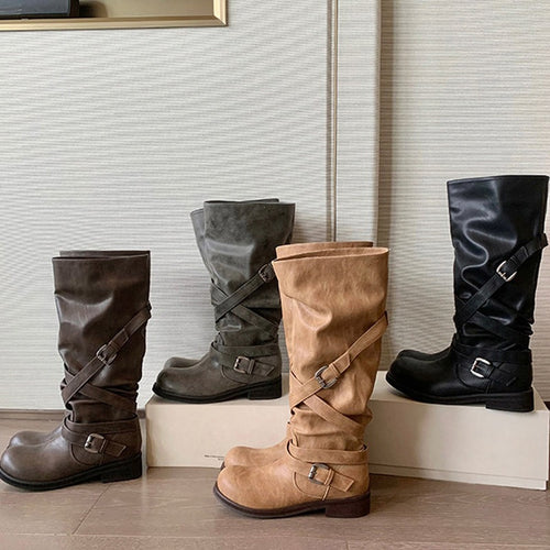 Damen Kniehohe Biker-Stiefel in Leder-Optik mit verstellbaren Schnallen Nord Taschen