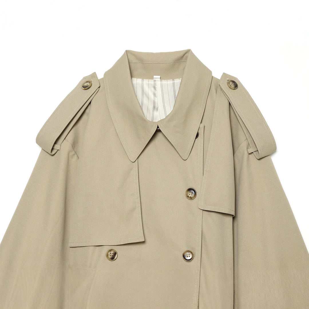 Damen Kurz-Cape-Trench mit Doppelreihe, Schulterklappen und Taillengürtel Nord Taschen