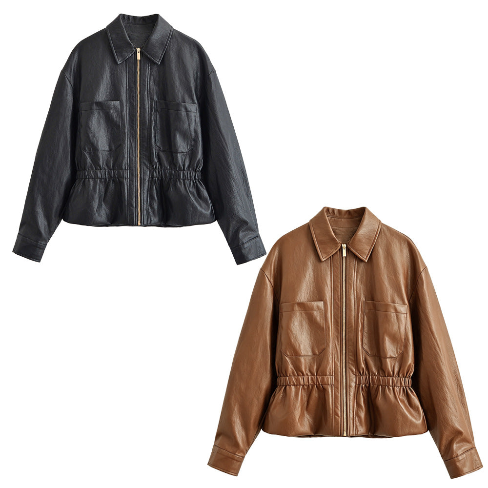 Damen Boxy-Kunstleder-Blouson mit elastischer Taillenpartie, aufgesetzten Brusttaschen und sichtbarem Reißverschluss Nord Taschen