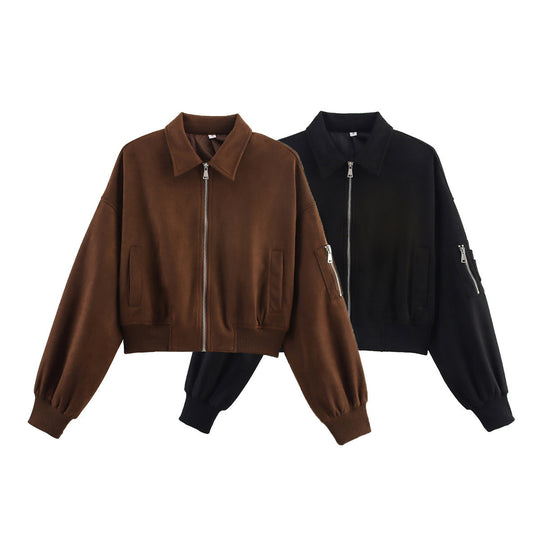 Damen Cropped Bomberjacke in Veloursoptik mit Hemdkragen, Ärmel-Tasche und tailliertem Rippbund Nord Taschen