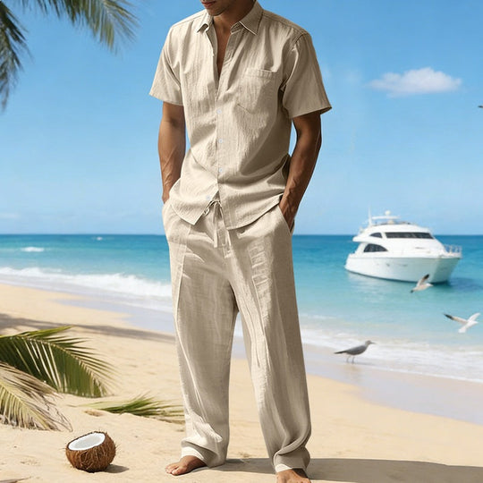 Herren nan resort-taugliches Kurzarm-Hemd mit Brusttasche und lässiger Leinen-Kordelhose
