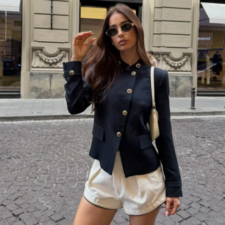 Damen Taillierter Blazer mit Stehkragen und goldenen Zierknöpfen Nord Taschen