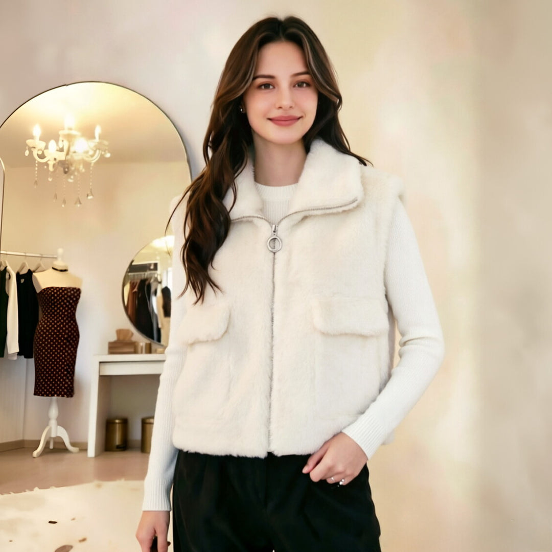 Damen Ärmellose Kunstfell‑Weste mit Stehkragen, Reißverschluss und Pattentaschen Nord Taschen