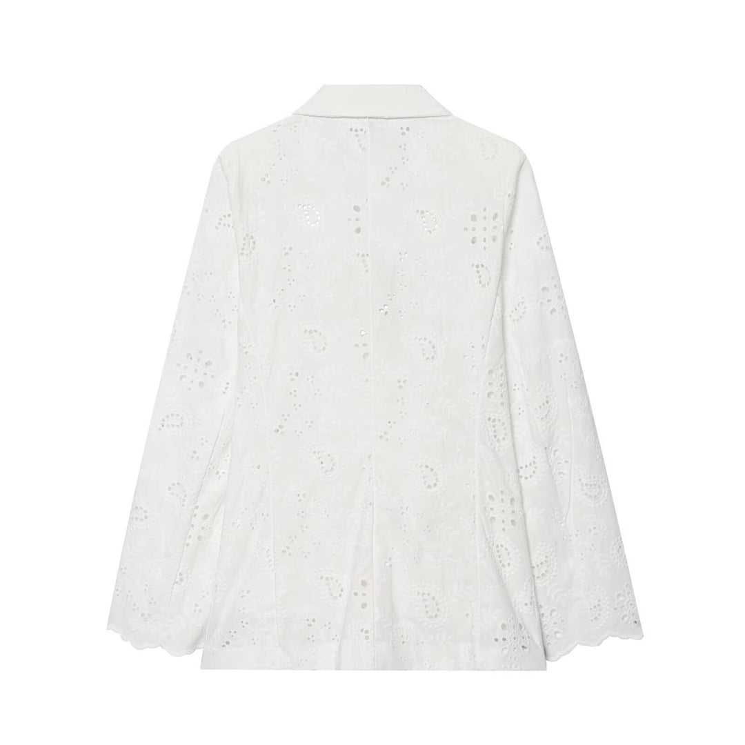 Damen Leichter Broderie-Anglaise-Blazer mit Schalkragen und Lochstickerei Nord Taschen