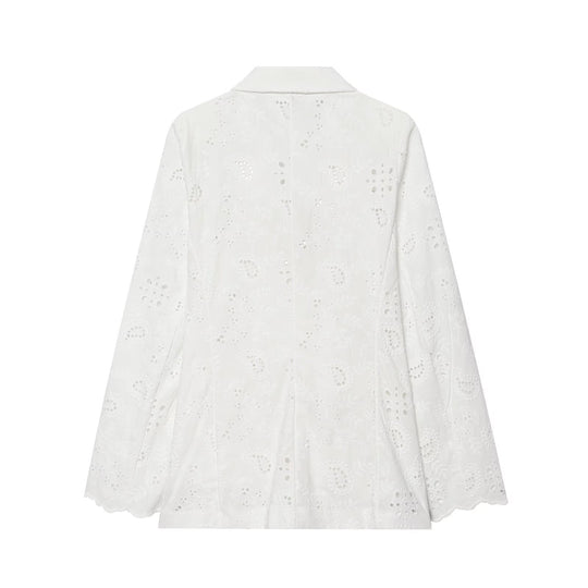 Damen Leichter Broderie-Anglaise-Blazer mit Schalkragen und Lochstickerei Nord Taschen