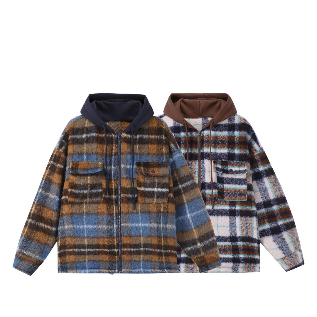 Unisex Kurz geschnittener kariertes Fellimitat-Blouson mit Kapuze und Reißverschluss Nord Taschen