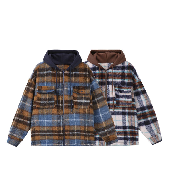 Unisex Kurz geschnittener kariertes Fellimitat-Blouson mit Kapuze und Reißverschluss Nord Taschen