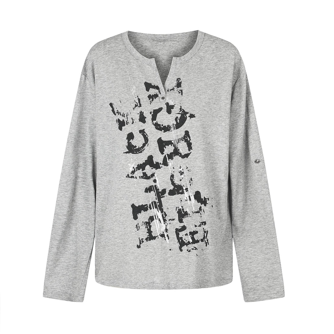 Damen Lässiges Langarmshirt mit Notch‑Ausschnitt, Oversize‑Silhouette und Druckgrafik Nord Taschen