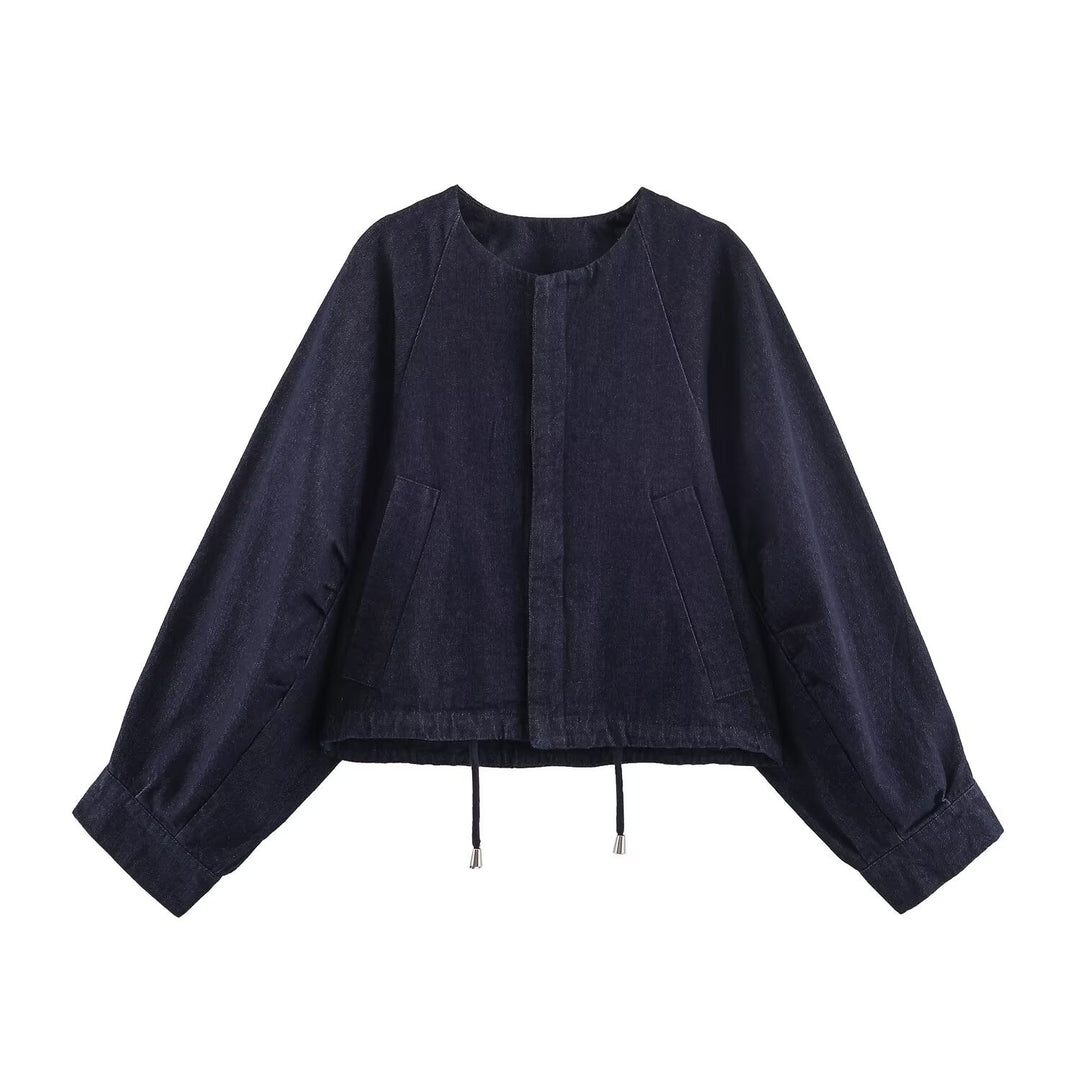 Damen Oversized Cropped Denim-Jacke mit Tunnelzug, Raglanärmeln und verdeckter Druckknopfleiste Nord Taschen