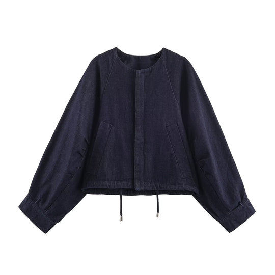 Damen Oversized Cropped Denim-Jacke mit Tunnelzug, Raglanärmeln und verdeckter Druckknopfleiste Nord Taschen