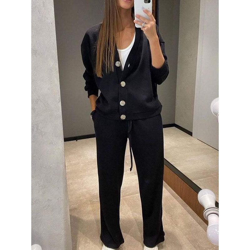 Damen Strick-Loungewear-Set mit V-Ausschnitt-Cardigan und weitem Kordelbund-Hose Nord Taschen