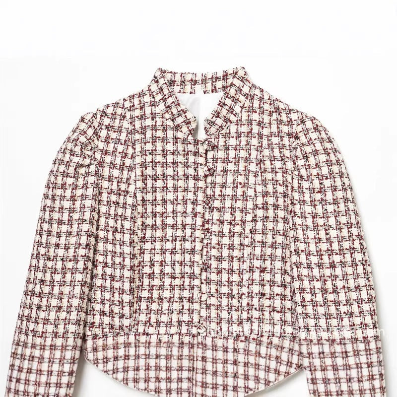 Damen Kurzblazer aus Bouclé‑Tweed mit Stehkragen und Kunstfellmanschetten Nord Taschen