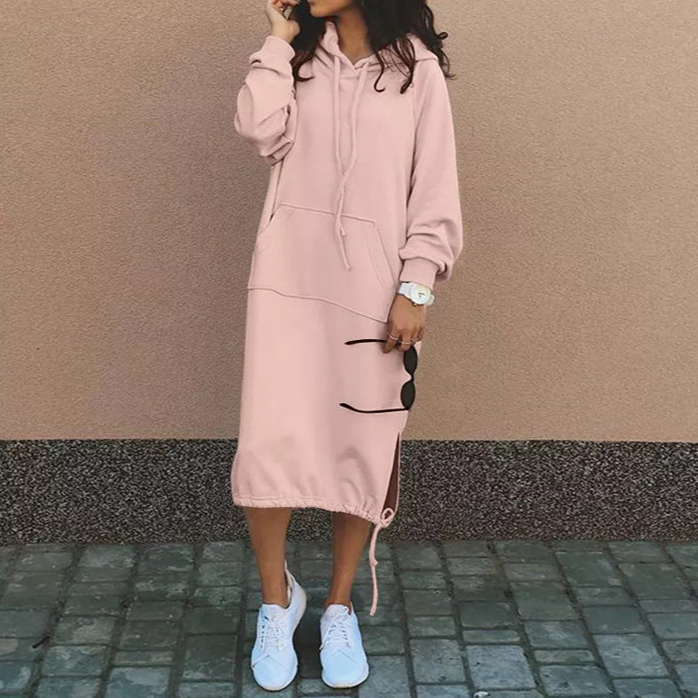 Damen Oversize Hoodie-Midikleid mit Tunnelzugsaum und seitlichen Schlitzdetails Nord Taschen
