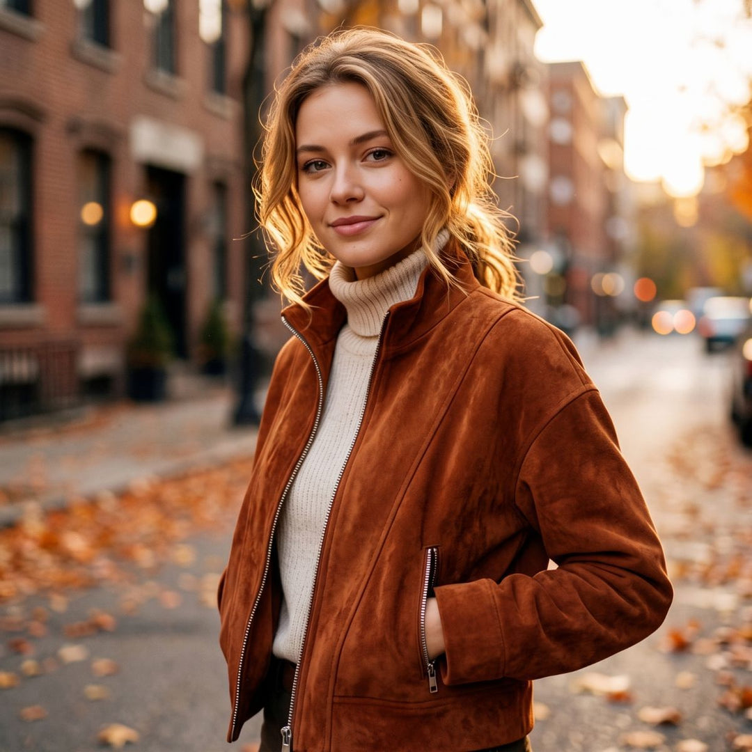Damen Kurzjacke im Boxy-Cropped-Schnitt aus Velourslederoptik mit Stehkragen und Metallreißverschlüssen Nord Taschen