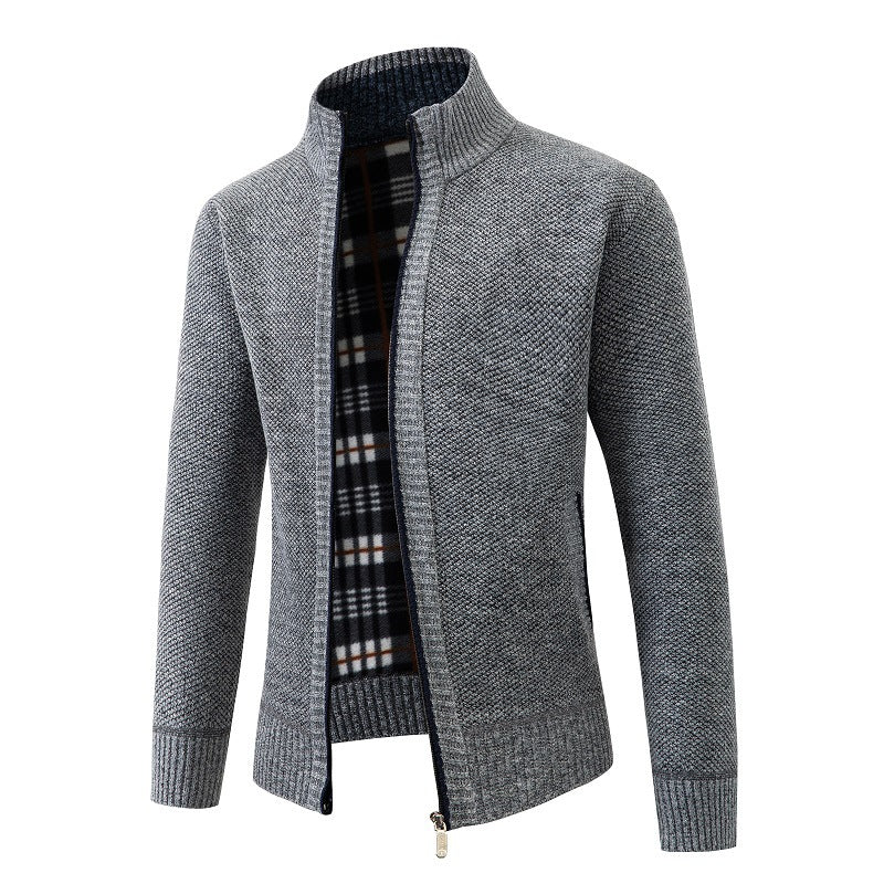 Herren Strukturiertes Zip-Strickjacke mit Karo‑Fleece‑Futter und Stehkragen Nord Taschen