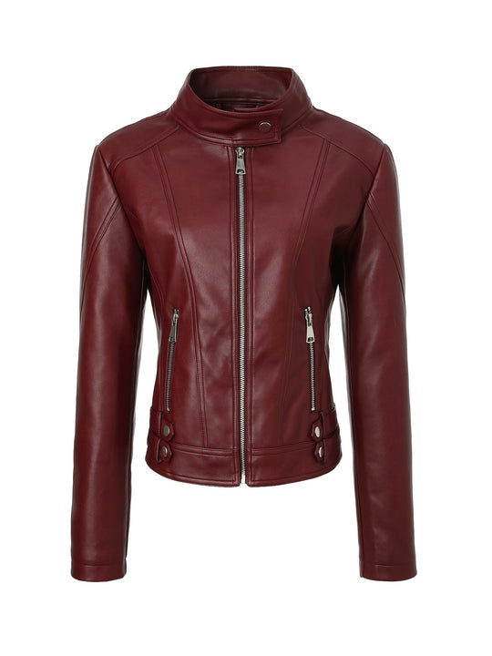 Damen Kurze taillierte Motorjacke aus Kunstleder mit Stehkragen und Schnallgurten Nord Taschen