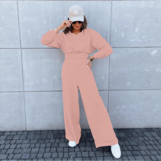 Damen Loungewear-Set mit Cropped V‑Ausschnitt-Pullover und hochtaillierter Palazzohose Nord Taschen