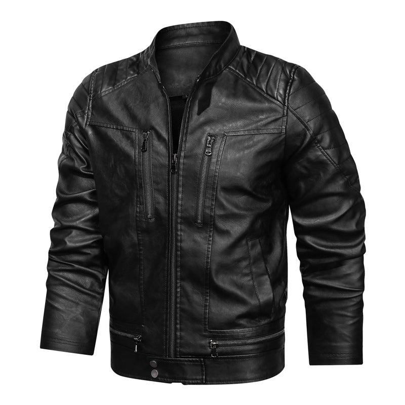 Herren Lederimitat-Bikerjacke im Vintage-Look mit Stehkragen, Ziernähten und Mehrfach-Reißverschlusstaschen Nord Taschen