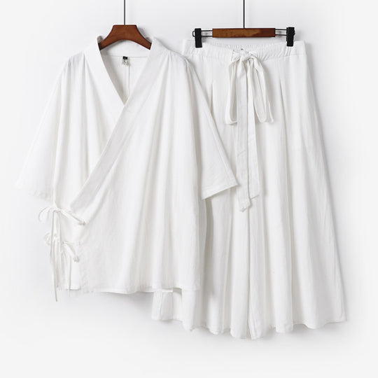 Damen Kimono-Loungewear-Set aus leichter Viskose mit Wickeloberteil und weitem Culotte-Hosenrock Nord Taschen