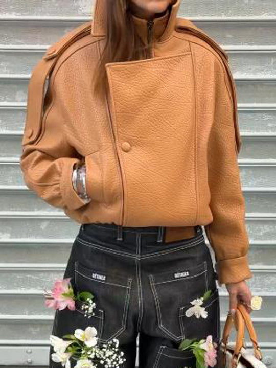 Damen Cropped Oversize-Jacke aus strukturiertem Kunstleder mit hohem Stehkragen Nord Taschen