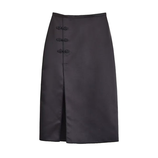 Damen Satin-Midirock mit hohem Bund, seitlichem Schlitz und dekorativen Froschverschlüssen Nord Taschen
