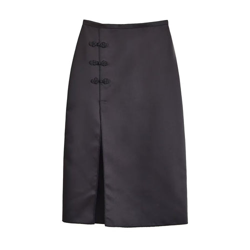 Damen Satin-Midirock mit hohem Bund, seitlichem Schlitz und dekorativen Froschverschlüssen Nord Taschen