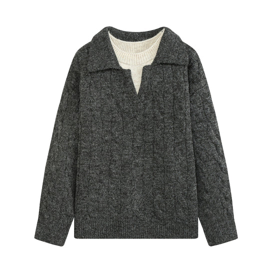 Damen Grobgestrickter Zopfmuster-Pullover mit offenem Polokragen und V‑Ausschnitt Nord Taschen