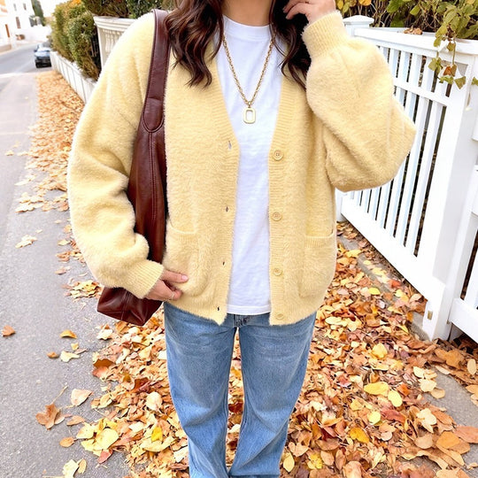 Damen Kuschelige Oversize-Cardigan aus Teddy-Fleece mit V-Ausschnitt, aufgesetzten Taschen & Rippbündchen Nord Taschen