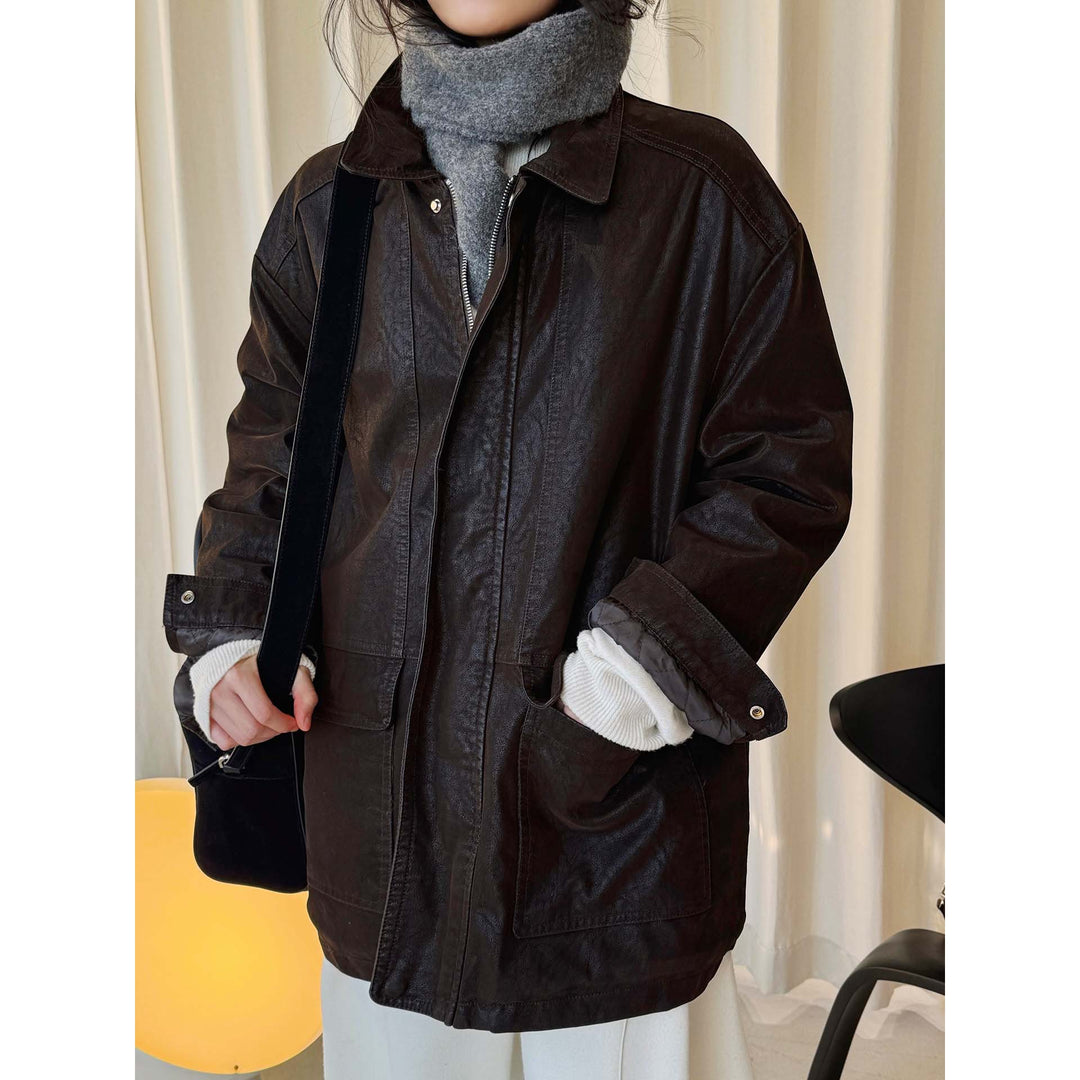 Damen Oversized Lederoptik-Fliegerjacke mit Teddyfutter und Metallreißverschluss Nord Taschen