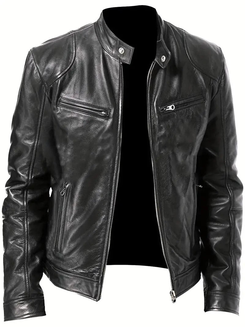 Herren Slim-Fit Lederjacke im Bikerstil mit Stehkragen, Reißverschlusstaschen und weichem Lammnappa Nord Taschen