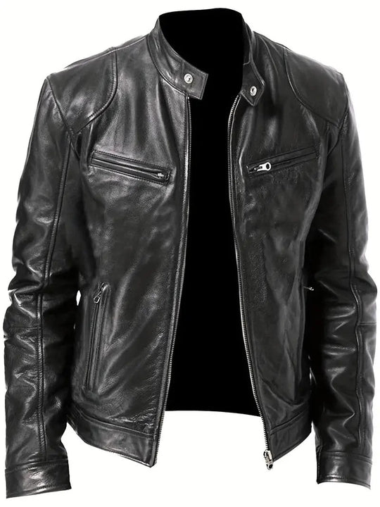 Herren Slim-Fit Lederjacke im Bikerstil mit Stehkragen, Reißverschlusstaschen und weichem Lammnappa Nord Taschen