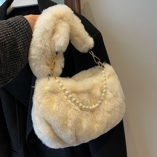 Damen Plüsch-Handtasche mit dekorativen Perlenakzenten Nord Taschen