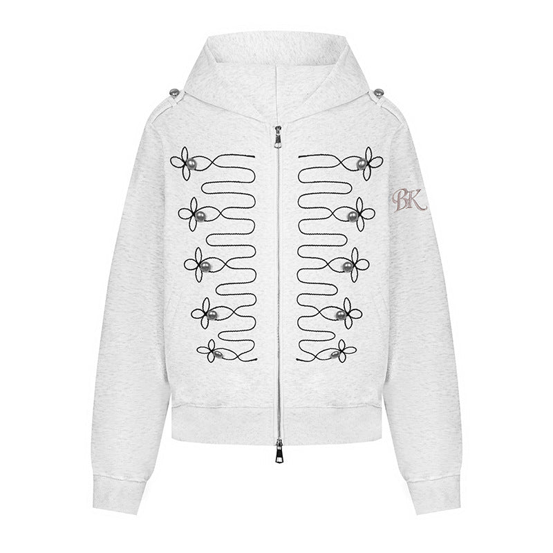 Damen Kapuzen‑Sweatjacke mit dekorischer Frogging‑Stickerei und Perlenknöpfen Nord Taschen