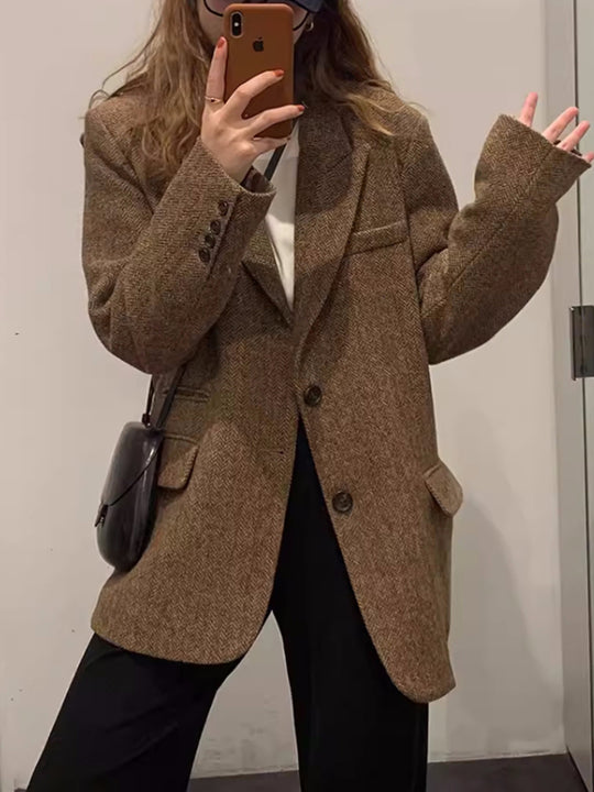 Damen Oversize-Blazer aus Wollmix mit Fischgrätstruktur, kastiger Silhouette & Pattentaschen Nord Taschen