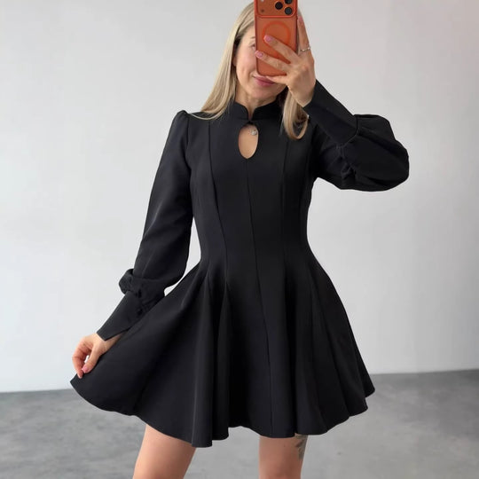 Damen A-Linien Minikleid mit Stehkragen, Schlitzdetail und Ballonärmeln Nord Taschen