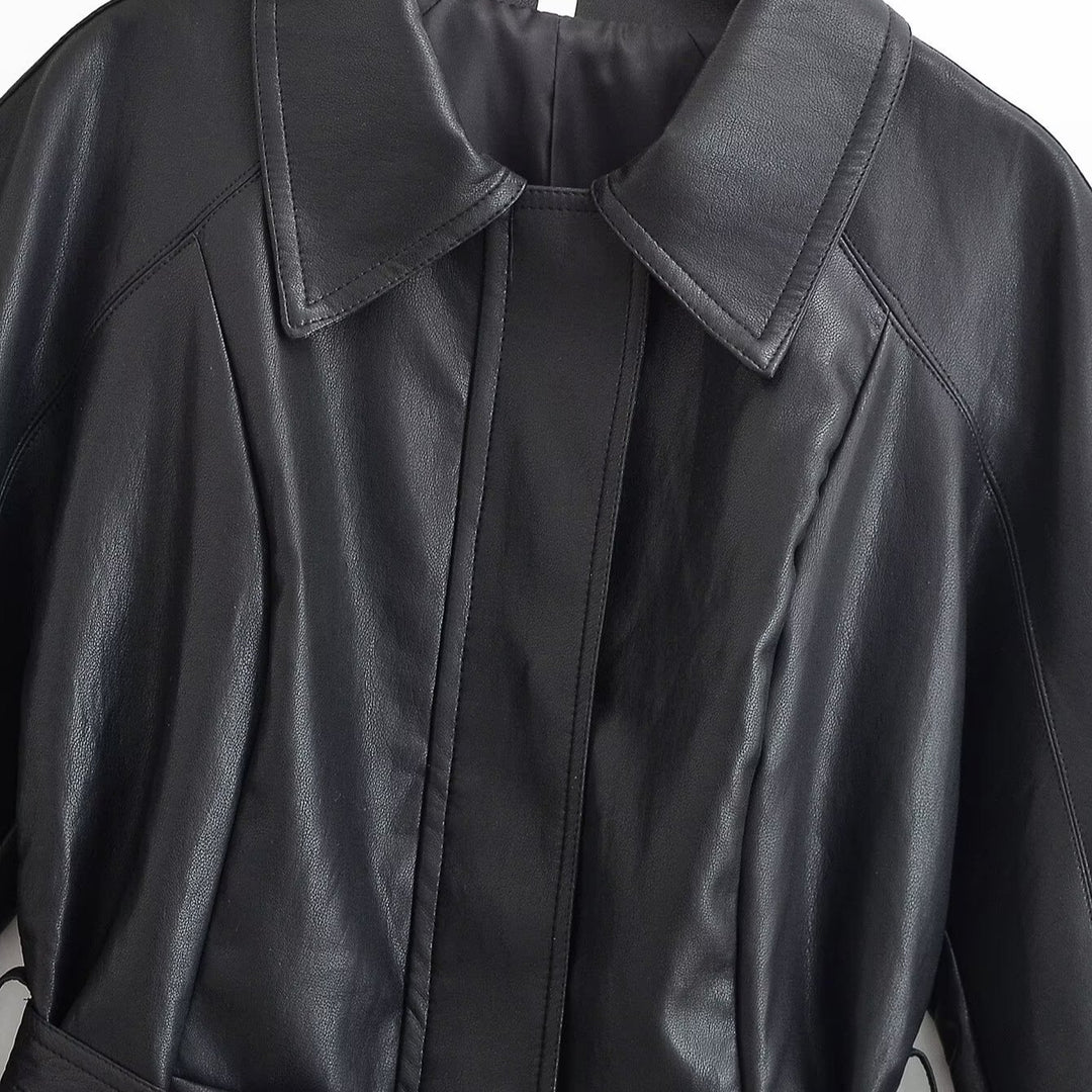 Damen Taillierte Lederoptik-Jacke mit Bindegürtel und Ballonärmeln Nord Taschen