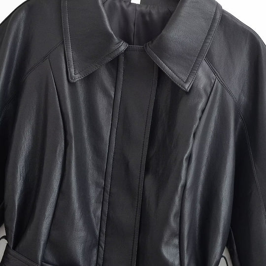 Damen Taillierte Lederoptik-Jacke mit Bindegürtel und Ballonärmeln Nord Taschen