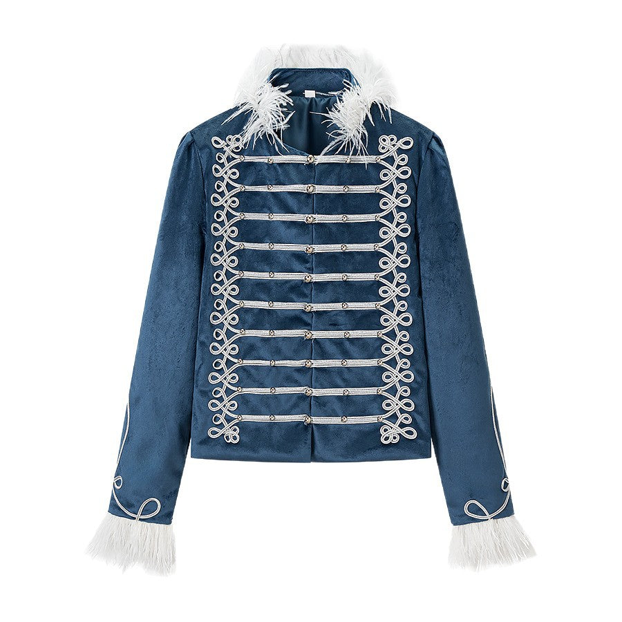 Damen Samt-Militärjacke mit Federbesatz und Zierpaspelierung Nord Taschen