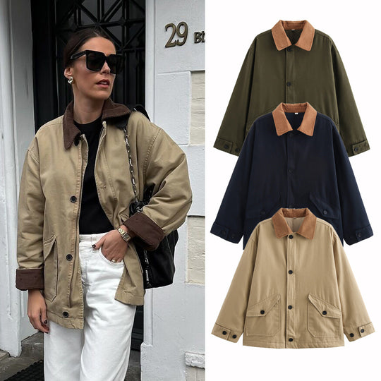 Damen Boxy Baumwoll-Canvas-Jacke mit Cordkragen, Pattentaschen und durchgehender Knopfleiste Nord Taschen