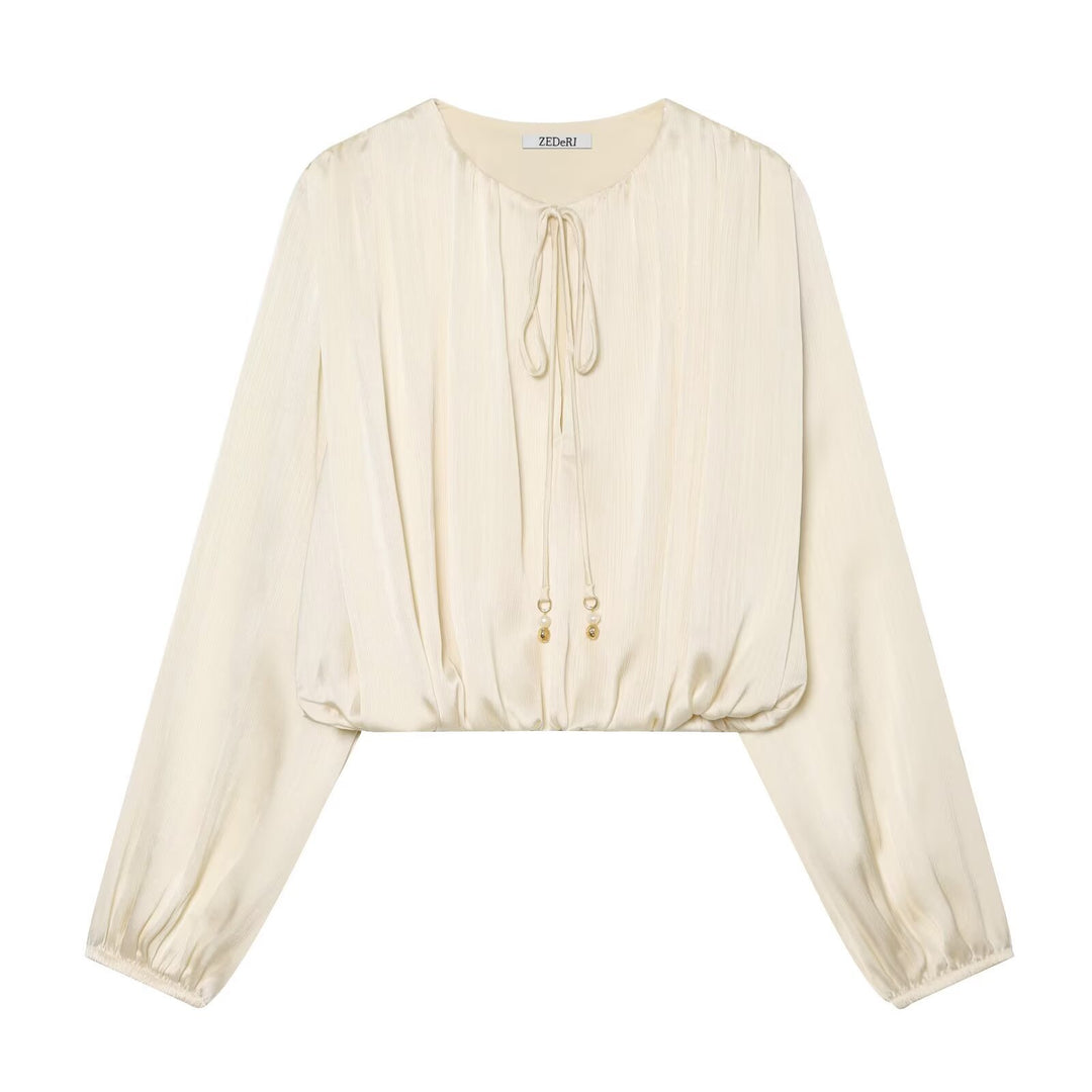 Damen Plissierte Cropped-Bluse mit Kordelzug und Ballonärmeln Nord Taschen