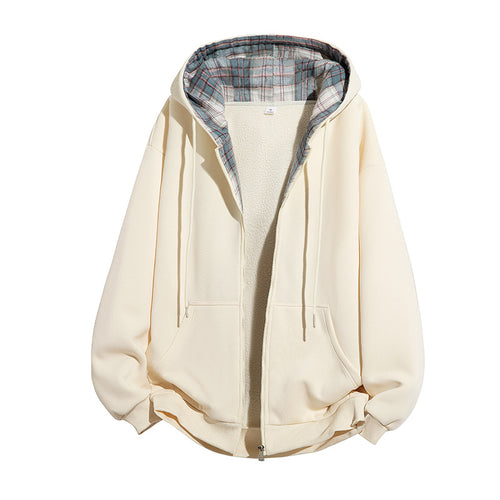 Herren Kapuzenjacke mit Teddy‑Fleece‑Futter und kariertem Kapuzeninnenfutter, durchgehendem Reißverschluss Nord Taschen