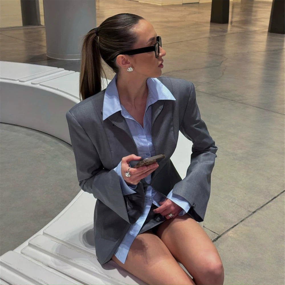 Damen Oversized Blazer- und Minirock-Set mit tailliertem Schnitt Nord Taschen